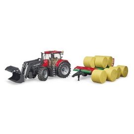 Bruder Case IH Optum 300 CVX with Frontloader, Bale Transport Trailer, image 